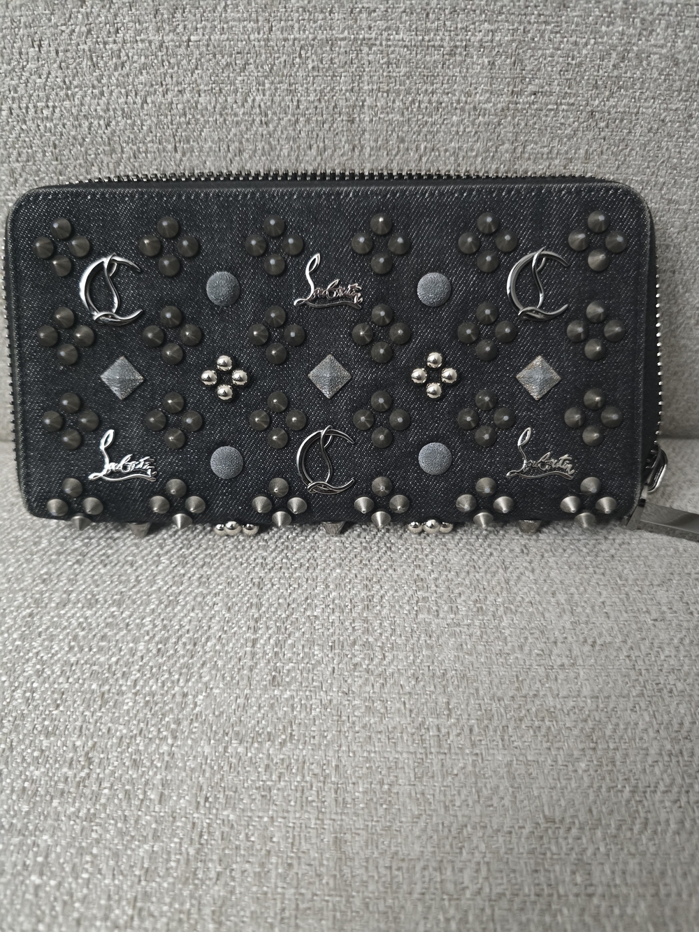 Christian Louboutin Black Denim Panettone Spiked Zip Wallet - EUC Like New
